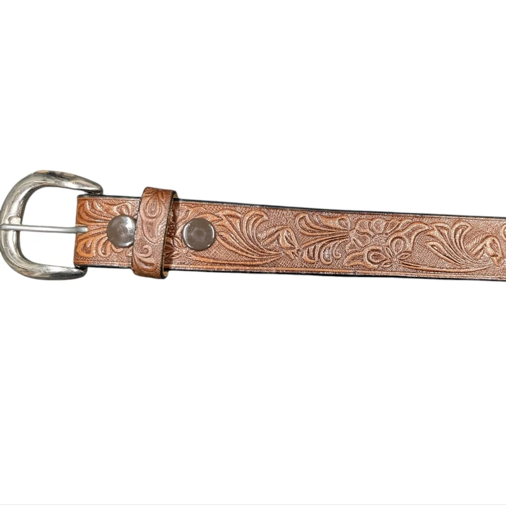 C.L. Genuine Leather Brown Embossed Floral Horse Belt Silver Buckle Size 38 - Picture 7 of 16